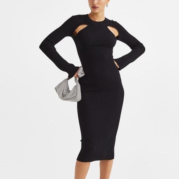 H&M Divided Dresses & Skirts - Christmas H&M Divided Ribbed Cut-Out Long Sleeve Midi Dress Size L Black